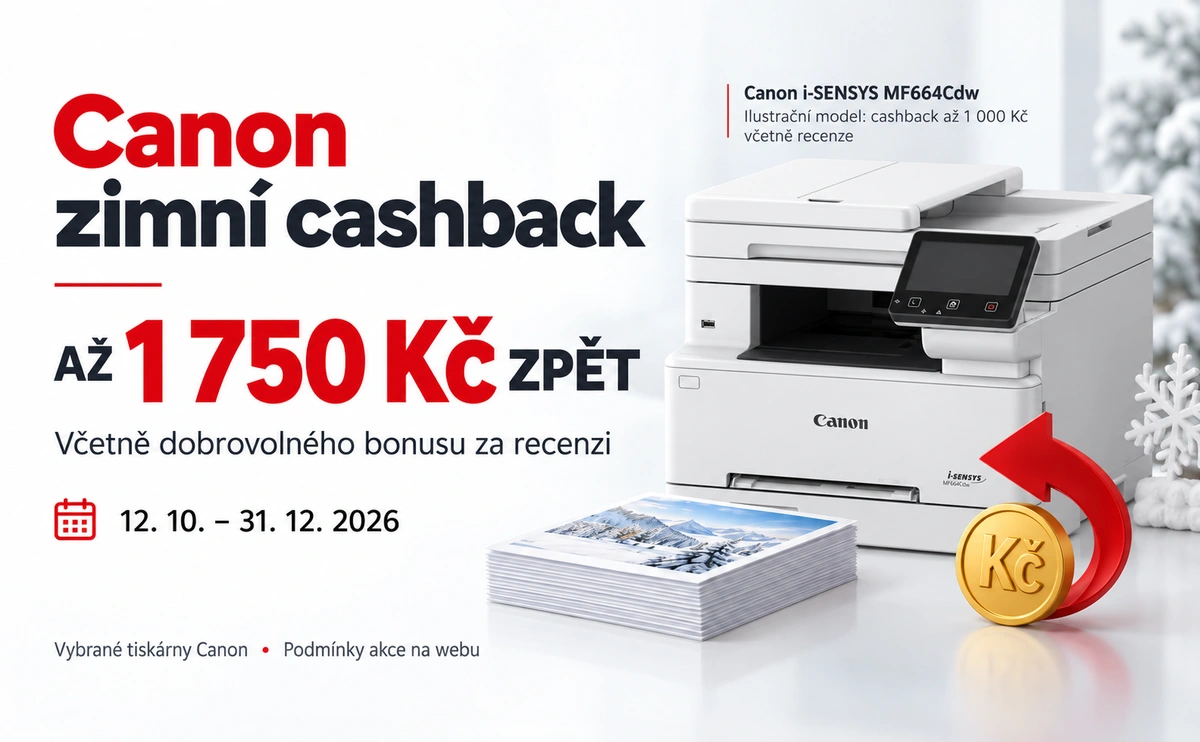 Canon zimní cashback 2026: až 1 750 Kč zpět včetně dobrovolného bonusu za recenzi. Na obrázku Canon i-SENSYS MF664Cdw.